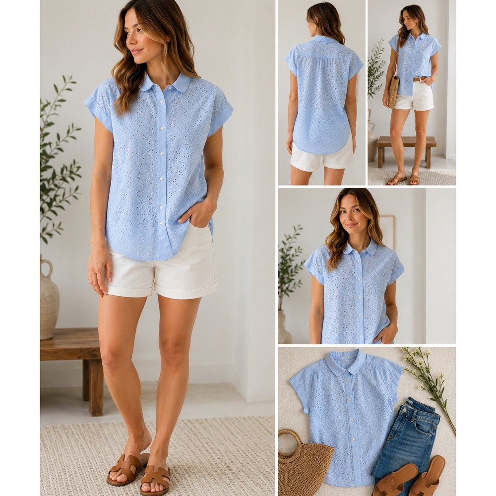 Gap Eyelet Blouse Womens‎ L Light Blue Embroidered Button Front Cap Sleeve Top